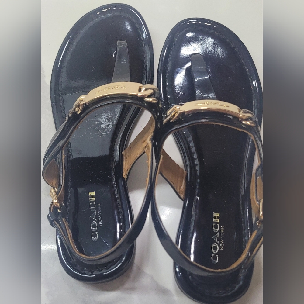 Coach Black Patent Leather T-Strap Sandals with Gold Plaque - Picture 4 of 10